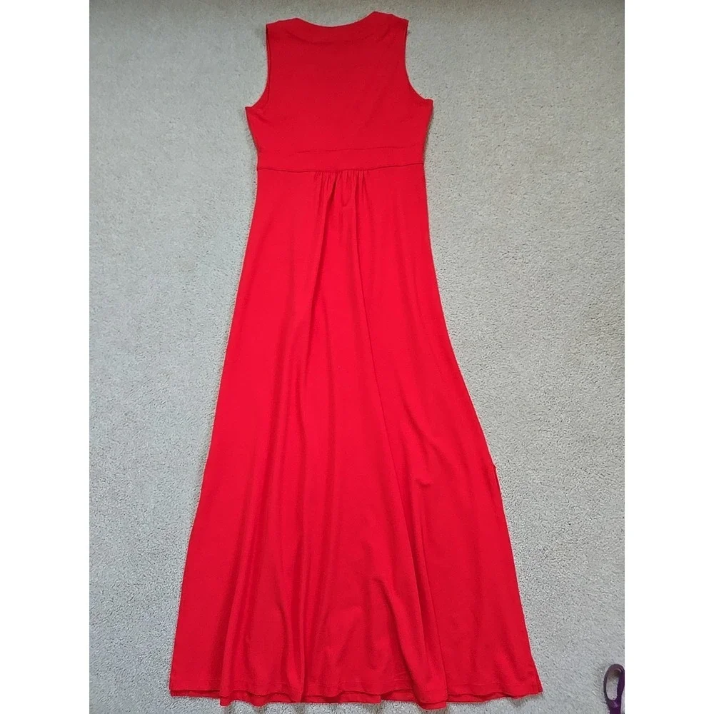 Lands' End Red Orange Maxi Dress Pima Cotton Stretch Surplice Bodice M Side Slit